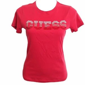 Guess Red Short Sleeve Rhinestone Logo Tee NWT sz L